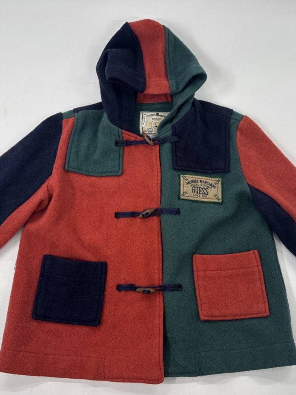 Vintage Guess Wool Duffle Coat Kids 4-5Y Colorblock Hooded Wood Toggle
